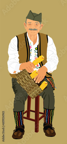 Traditional wear folklore Serbia old man with mustache sitting and crown corn by hands vector illustration isolated. Balkan culture grandfather vintage heritage dress. Veteran warrior in shack opans. photo