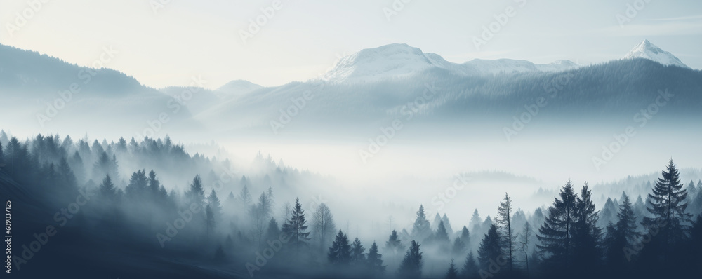 Fototapeta premium Beautiful scene of winter forest. Colorful morning view of misty mountains during sunrise. Beauty of nature concept background.