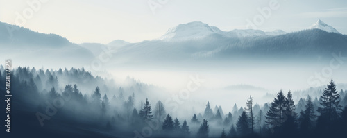 Beautiful scene of winter forest. Colorful morning view of misty mountains during sunrise. Beauty of nature concept background. © Andrii IURLOV