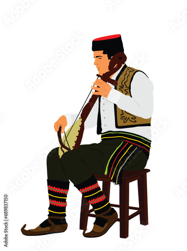 Guslar play gusle, traditional music instrument from Serbia and Montenegro vector illustration isolated. Vintage dressed Balkan musician player and singer. Folklore artist event East Europe culture.