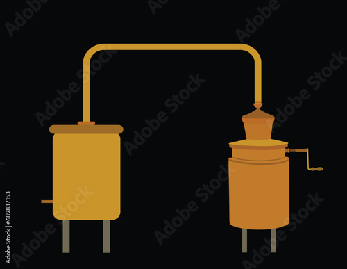 Vector illustration alembic apparatus for distill essential oils and alcoholic beverages. Distillery for whiskey or brandy production, alcohol distillation process. Alcohol distilling machine isolated