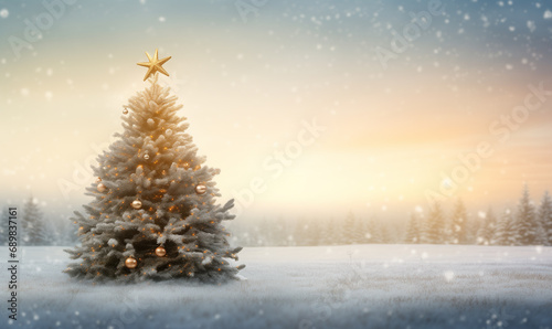 Beautiful Christmas tree winter forest. Colorful morning view of misty mountains during sunrise. Beauty of nature concept background. © Andrii IURLOV