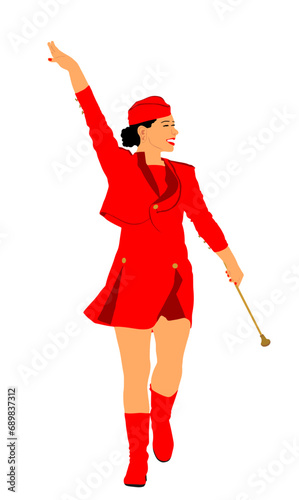 Majorette woman performing skills with stick vector illustration isolated. Smiling dancer girl on carnival parade. Street performer music event. Public festival lady in costume event celebration. photo