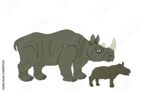 Rhinoceros family vector illustration isolated on white background. Rhino and cub. Mother and baby animal from Africa.