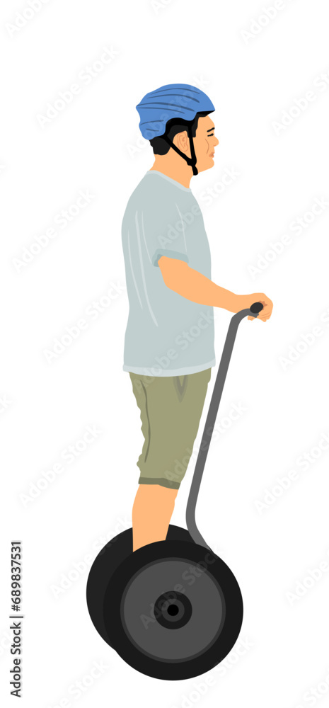 Tourist man standing and riding electric scooter vector illustration isolated on white background. Man traveling with rental vehicle city tour on vocation. Urban transportation boy by two wheels. Tourist man standing and riding electric scooter vector illustration isolated on white background. Man traveling with rental vehicle city tour on vocation. Urban transportation boy by two wheels.