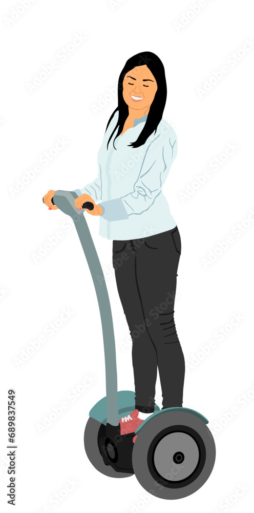 Tourist girl standing and riding electric scooter vector illustration isolated on white background. Woman traveling with rental vehicle city tour on vocation. Urban transportation by two wheels. Tourist girl standing and riding electric scooter vector illustration isolated on white background. Woman traveling with rental vehicle city tour on vocation. Urban transportation by two wheels.