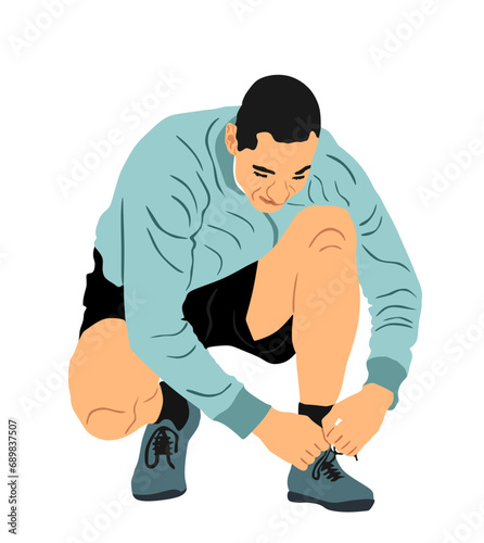 Sport man tying laces on sneakers vector illustration isolated on white background. Athlete sport runner. Fit boy fix shoestring. Active sportsman tying shoelaces. Pause on jogging active health care