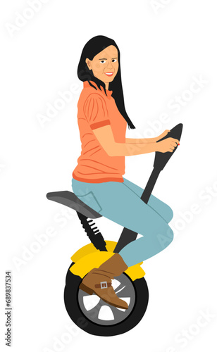 Tourist girl sitting and riding electric scooter vector illustration isolated on white background. Woman traveling with rental vehicle city tour on vocation. Urban transportation by two wheels.