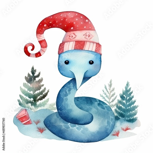 Watercolor Cute Snake character in a red hat. Symbol of the year 2025, 2037. Postcard. Christmas, New Year. Print on white background