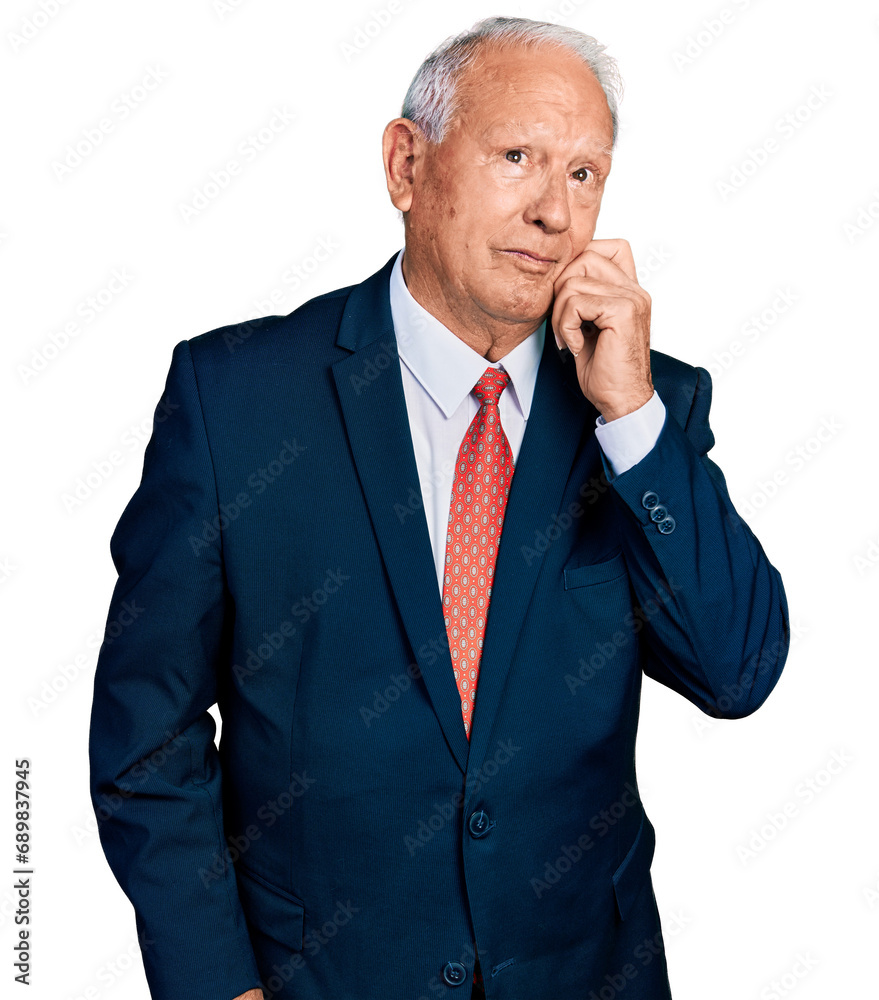 Senior man with grey hair wearing business suit and tie thinking concentrated about doubt with finger on chin and looking up wondering Senior man with grey hair wearing business suit and tie thinking concentrated about doubt with finger on chin and looking up wondering