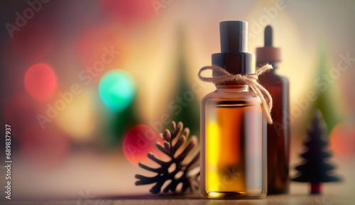 A Holiday-themed blurred background serves as a backdrop for an fragrance concept - AI Generative