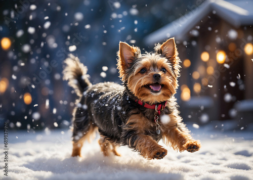 cute Yorkshire terrier jumping with delight in the snow. snowfall