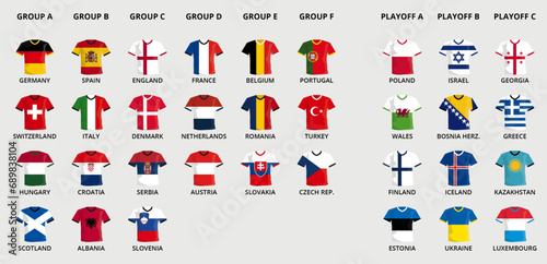 Collection of European Vector Football Jerseys in national flag design for tournament, sorted by groups, plus jersey icons of playoff teams