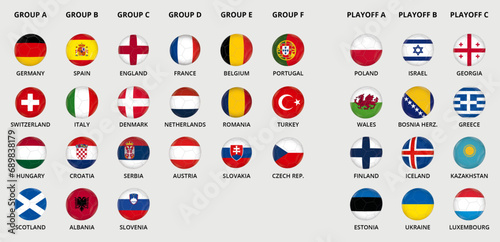 Collection of European Vector Football ball icons in national flag design for tournament, sorted by groups, plus ball icons of playoff teams