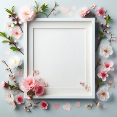 Valentine's Day concept. Photo frame and holiday decorations, valentines on a pastel blue background.