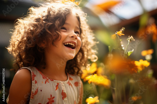 Child's portrait in a whimsical garden, laughing with a butterfly on the nose, © Marco Attano