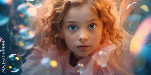 Fantasy portrait of a girl with massively oversized sparkling eyes, a whimsical touch, soft glow effect