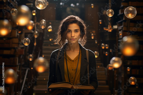Magical librarian portrait, surrounded by flying books and soft glowing orbs