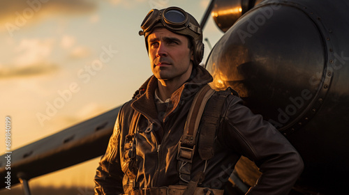 steampunk pilot, leather helmet with brass details, standing before a propeller aircraft photo