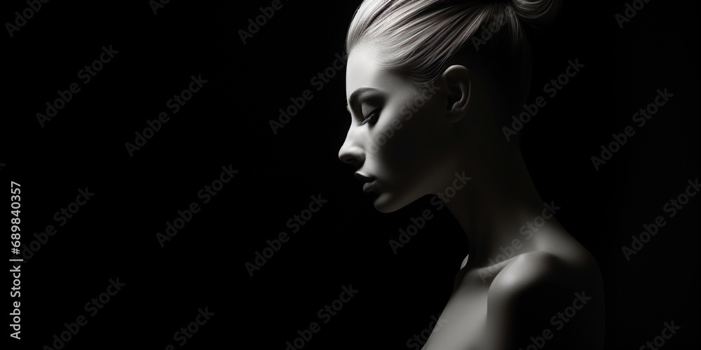 Sleek minimalist portrait, monochrome palette, sharp contrast, single light source creating a distinct silhouette