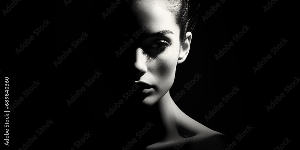 Sleek minimalist portrait, monochrome palette, sharp contrast, single light source creating a distinct silhouette