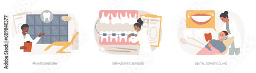 Teeth healthcare isolated concept vector illustration set. Private dentistry, orthodontic services, dental esthetic clinic, oral hygiene, smile treatment, emergency dentist vector concept.