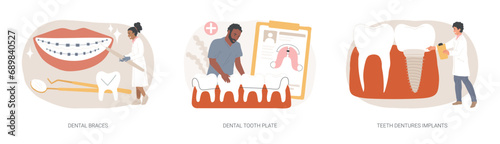 Orthodontic care procedure isolated concept vector illustration set. Dental braces and tooth plate, teeth dentures implants, kids brackets, teeth replacement, cosmetic dentistry vector concept.