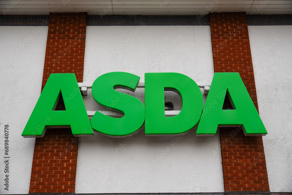 Southampton England 1 December 2023 Asda food store logo. Supermarket grocery store sign in