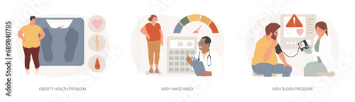 Obese people isolated concept vector illustration set. Obesity health problem, body mass index, high blood pressure, nutrition plan, junk food, body fat, heart attack, diabetes vector concept. photo