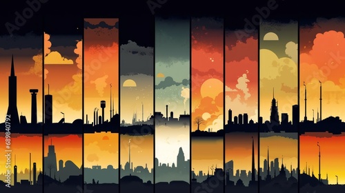 Panoramic view of Shanghai skyline at sunset. illustration. Industry concept. Air pollution Concept