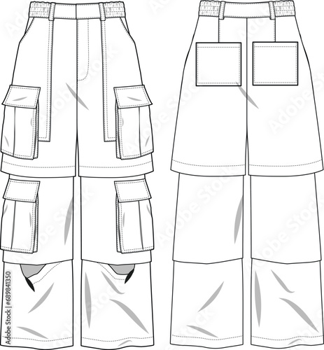 Utility Cargo pants with flare fahion cad illustration 