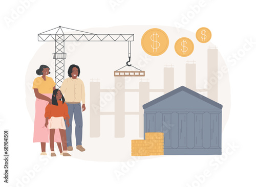 Building subsidy isolated concept vector illustration. Building subsidy program, government grant, bad with money, line before bank, new house, home financing, business benefit vector concept.