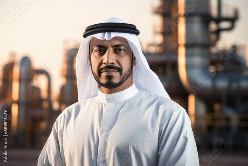 An Arab entrepreneur's success in the oil industry is evident as they stand beside an oil pump with a panoramic view of an expansive refinery in the background.