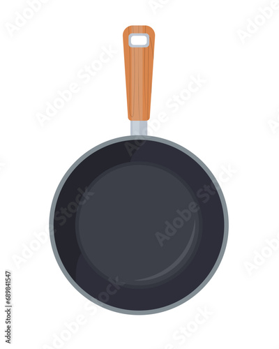 Frying pan with wooden handle top view. Food preparation, Cooking. Kitchen utensil icon. Vector illustration isolated on white background.