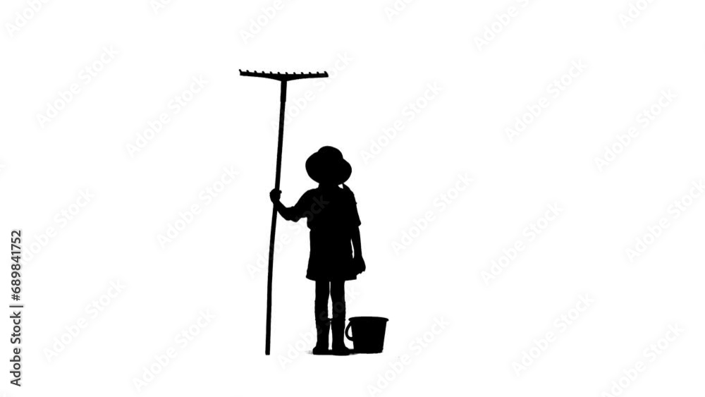 Silhouette of girl gardener with bucket and rake standing looking at the garden. Isolated on white background alpha channel. Silhouette of girl gardener with bucket and rake standing looking at the garden. Isolated on white background alpha channel.