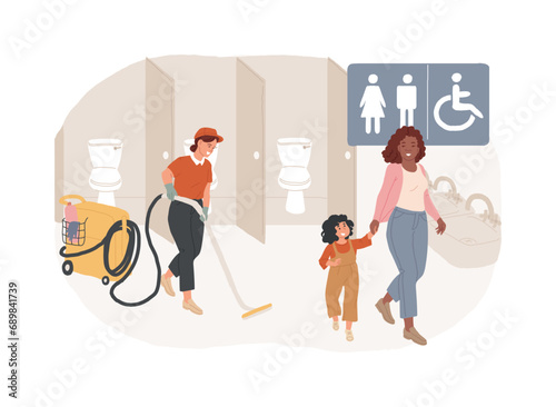 Public restrooms isolated concept vector illustration. Restrooms equipment, public toilet facilities, rules and regulations, bathroom hygiene, cleaning and disinfection service vector concept.