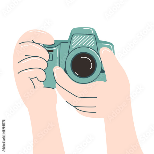 Hand holding vintage camera device, flat illustration isolated on the white background