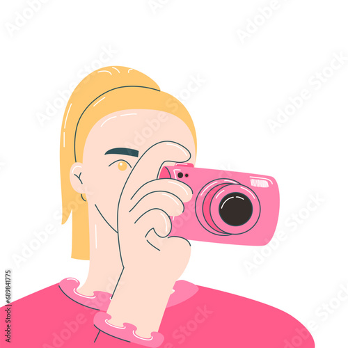 Girl holding camera and take a picture, isolated on the white background
