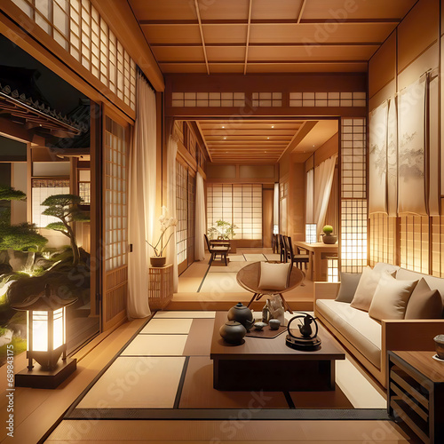 Japanese zen style home interior design of modern living room at night. generative ai