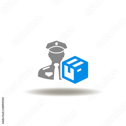 Vector illustration of officer and packaging box. Icon of customs. Symbol of parcel check.
