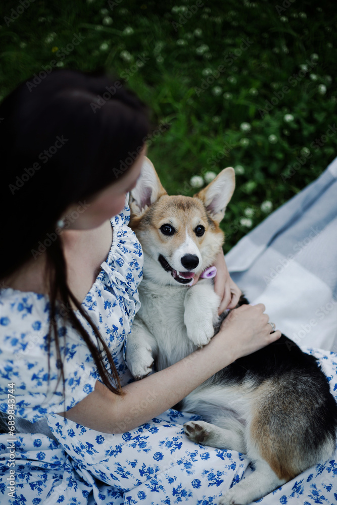 woman in floral dress with a corgi puppy on picnic. Summer vibes
