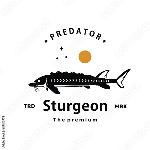 vintage retro hipster sturgeon logo vector outline silhouette art icon