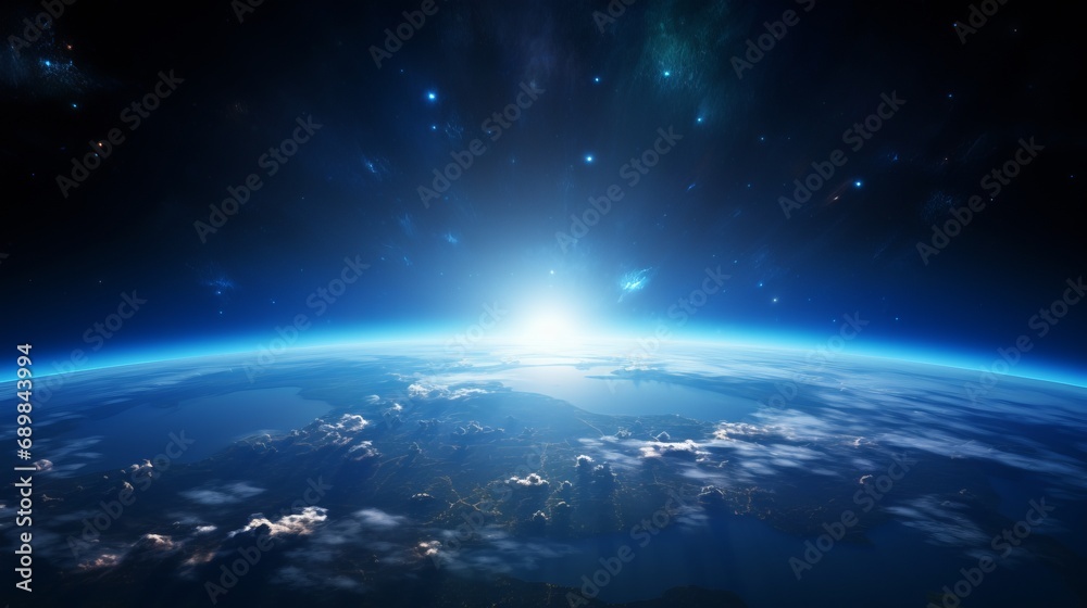 Earth Panorama. Space Shuttle Orbit, Sun and Stars Illuminate Vast Cosmic Backdrop