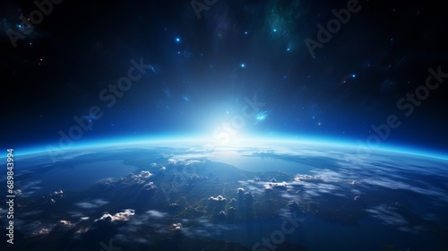 Earth Panorama. Space Shuttle Orbit, Sun and Stars Illuminate Vast Cosmic Backdrop