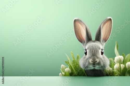 Portrait of a cute Easter bunny on a green background with selective focus and copy space