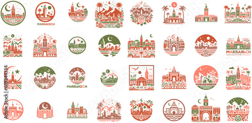 Photo Moroccan Landmarks Marrakech Vector Silhouette Icons and Pictograms Set
