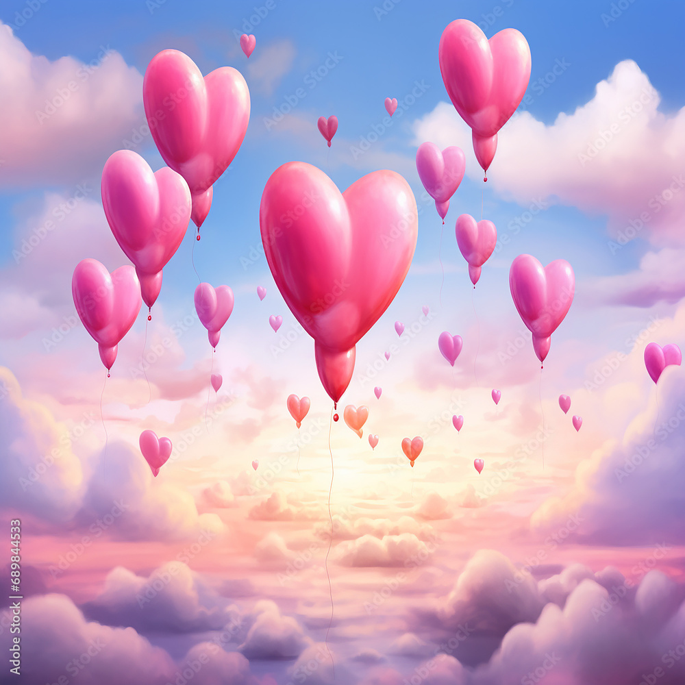 Valentine Day: Heart shaped balloons in the sky.