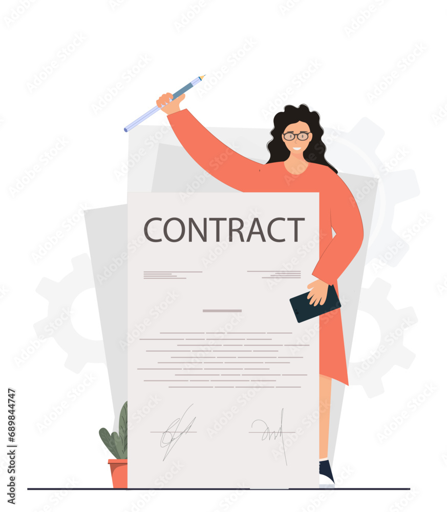 Person near the document, signing the document, contract, reaching agreement, partnership in business, flat vector illustration Person near the document, signing the document, contract, reaching agreement, partnership in business, flat vector illustration