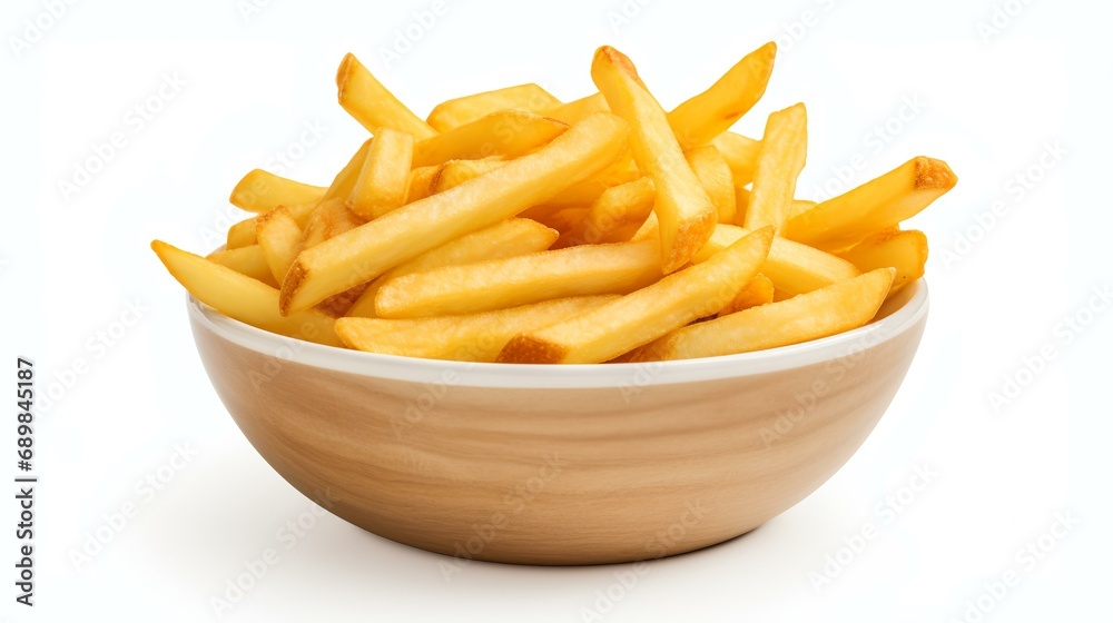 Golden French fries potatoes in a bowl isolated on a white background with clipping path Golden French fries potatoes in a bowl isolated on a white background with clipping path