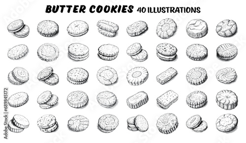 Collection of drawn butter cookies. Sketch illustration	
